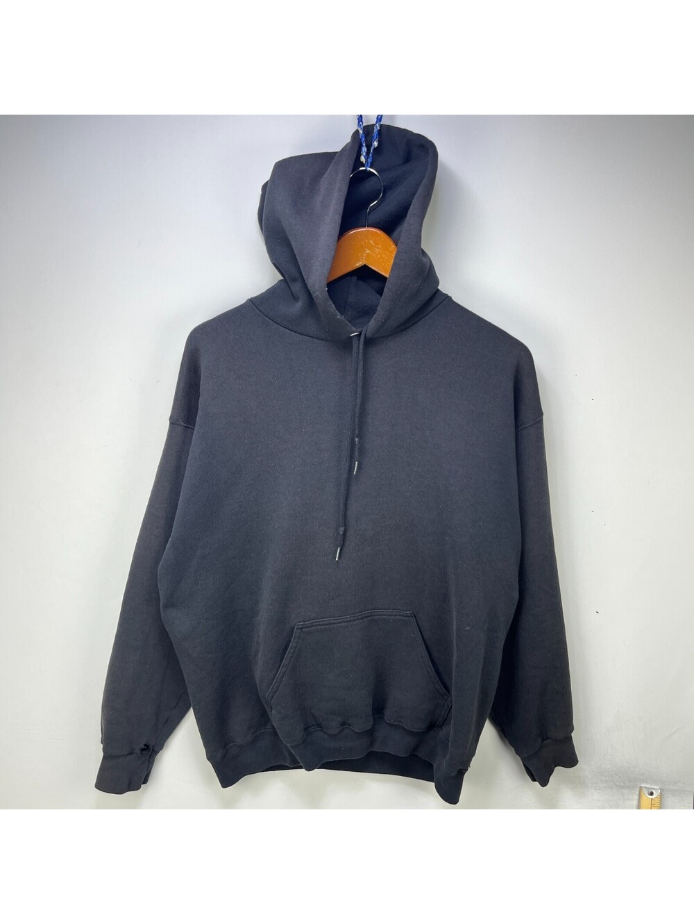 Vintage 90s Sun Faded Black Blank Hoodie Russell Large